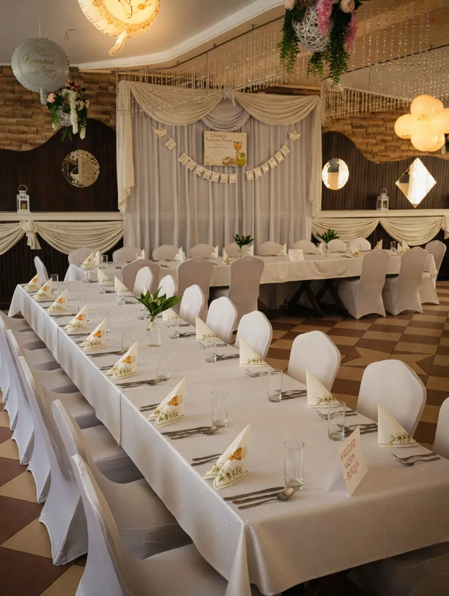 Sala udekorowana komunijnie - draperie, banery