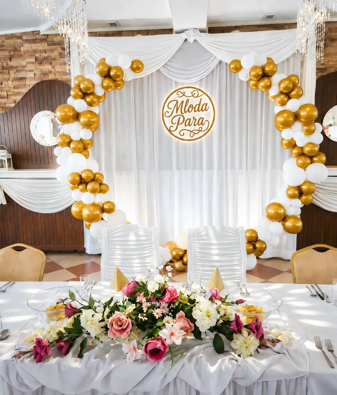 Sala weselna Pokusa - sweetheart table z dekoracjami